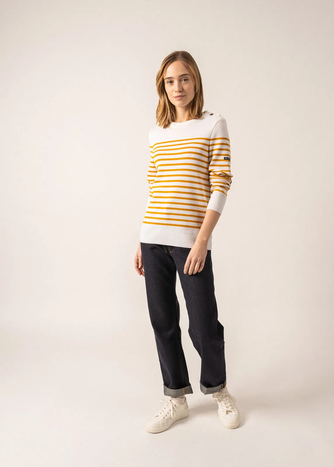 Saint James Sailor Jumpers|Sailor Jumpers*Brégançon striped sailor jumper Blanc/ambre/jean
