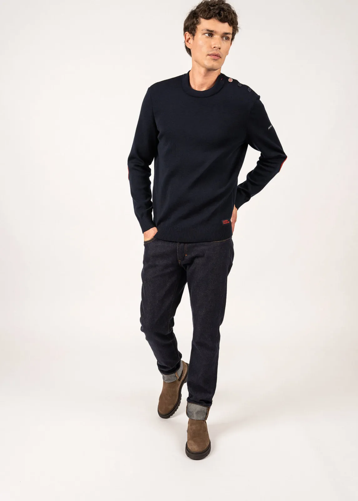 Saint James Sailor Jumpers|Sailor Jumpers*Comfortable sailor jumper with elbow patches Navy/multico