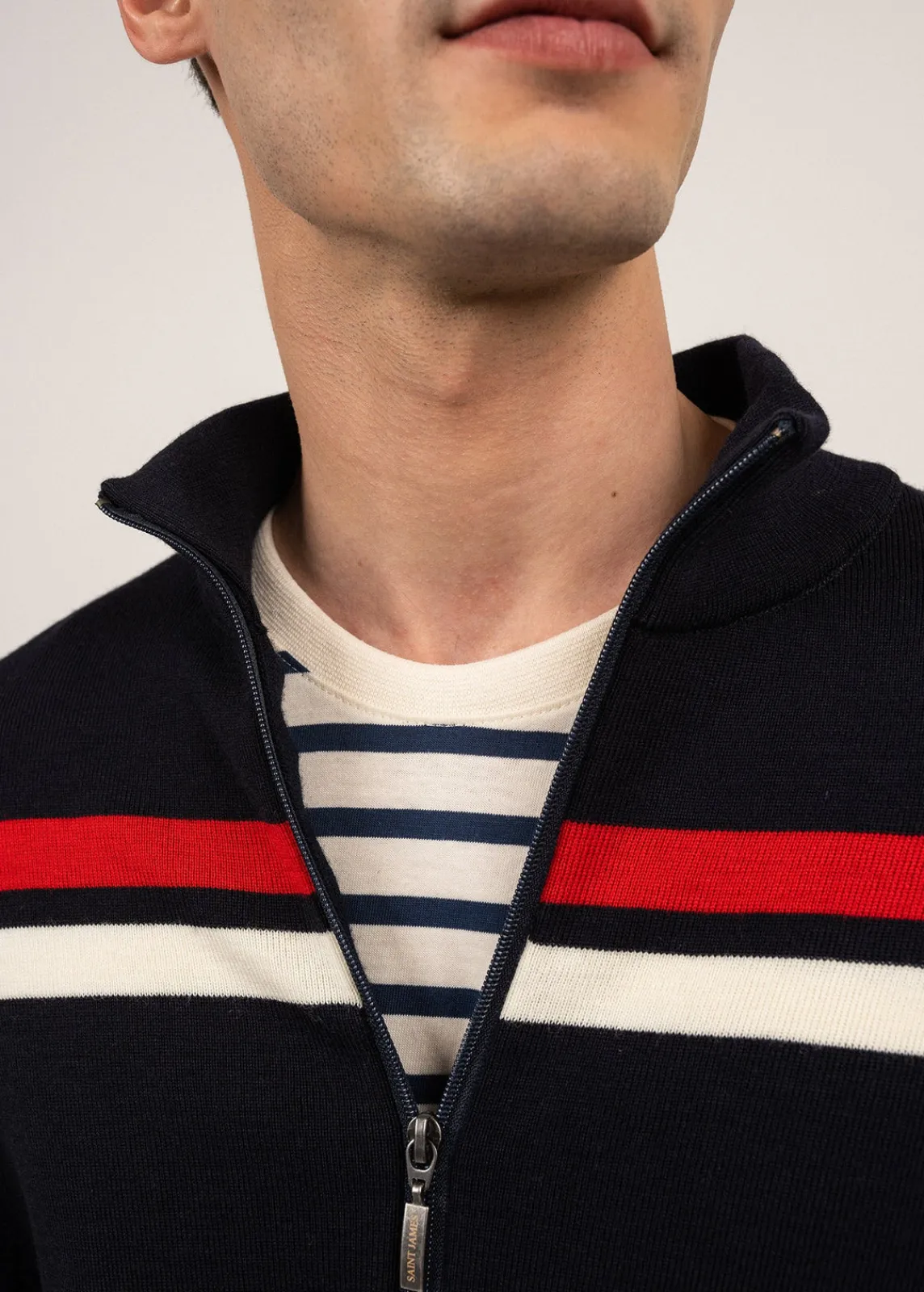 Saint James Jumpers & Cardigans*Conquérants zipped wool jacket Navy/ecume/tulipe