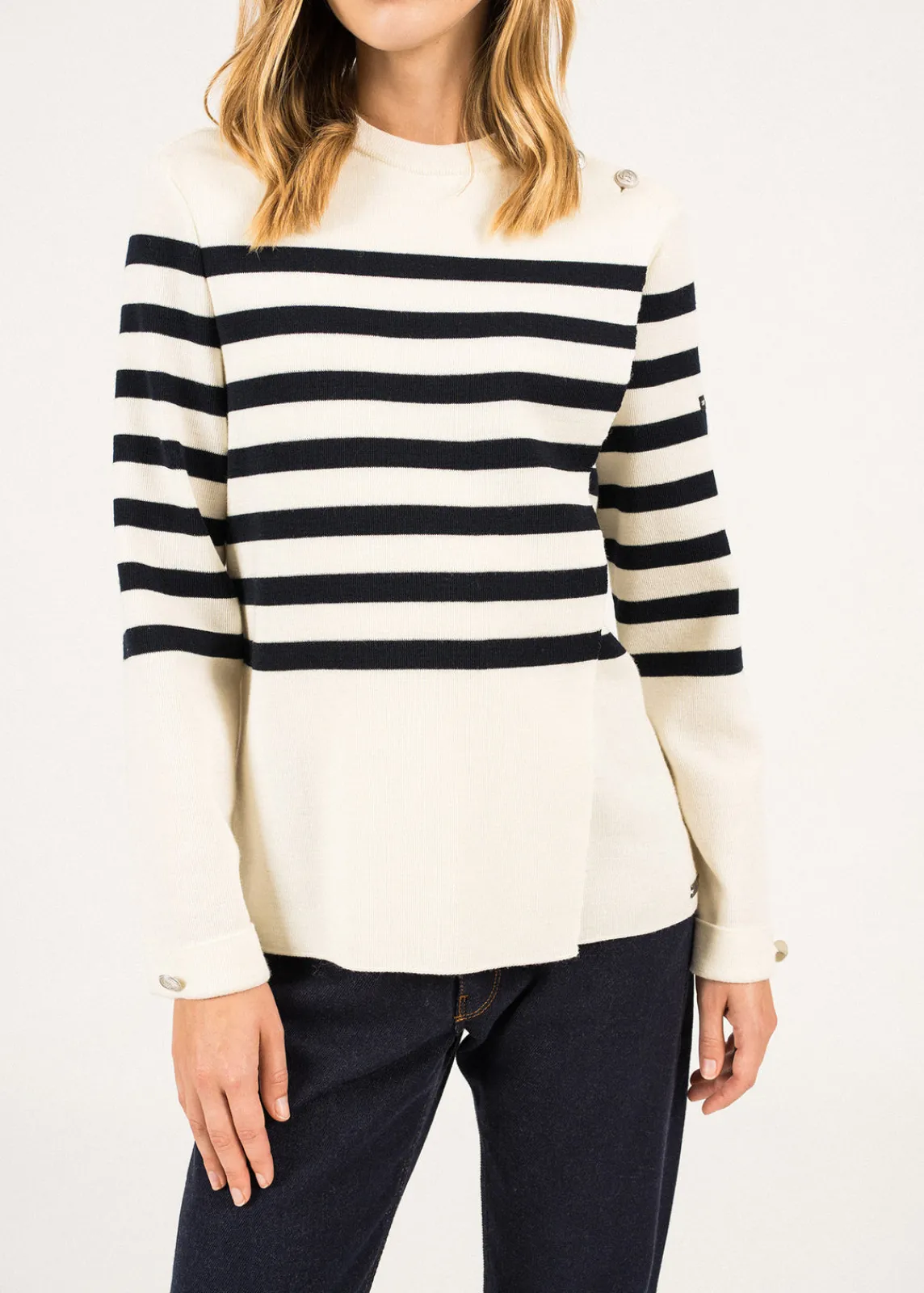 Saint James Sailor Jumpers|Sailor Jumpers*Docks Striped Wraparound Jumper Ecume/navy