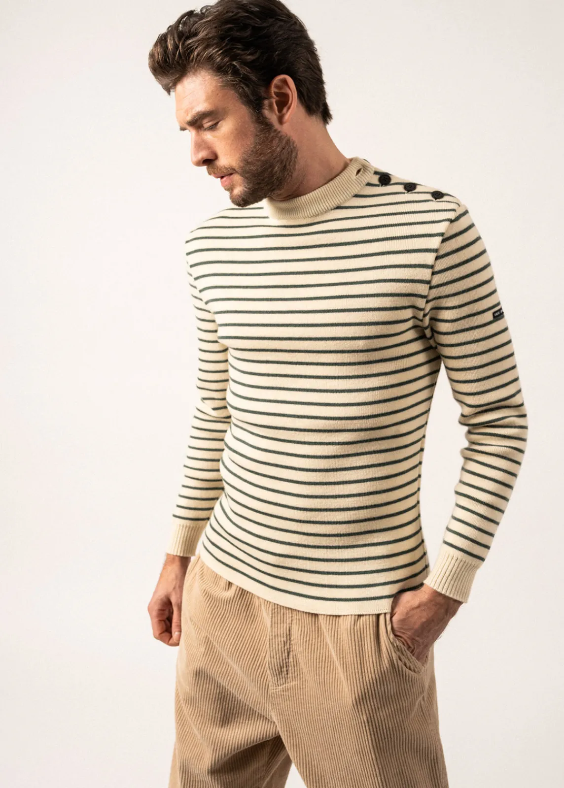 Saint James Sailor Jumpers|Sailor Jumpers*Matelot authentic striped sailor jumper Ecru/vegetal