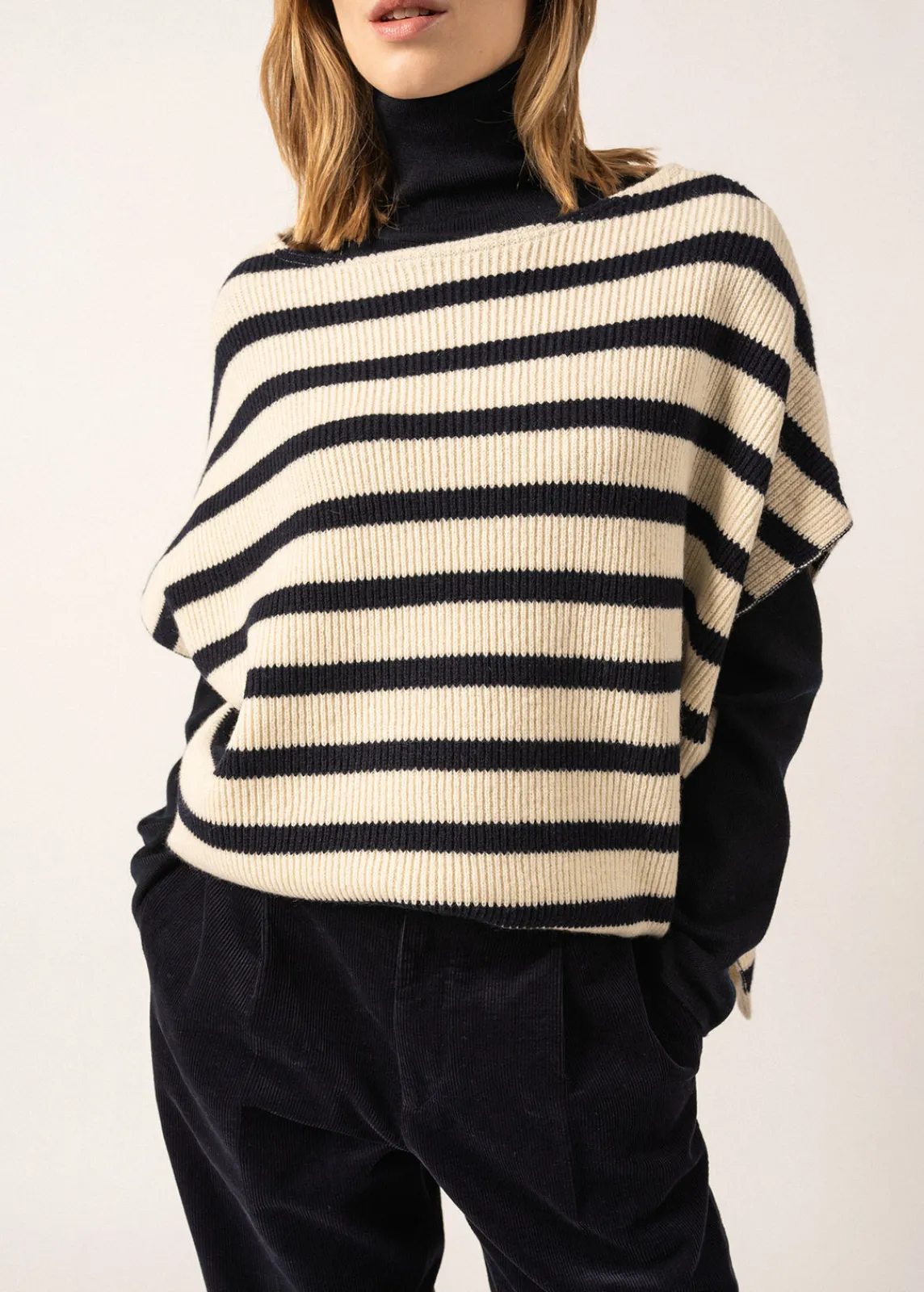 Saint James Jumpers, Cardigans, Jackets*Striped Wool Poncho Ecume/navy