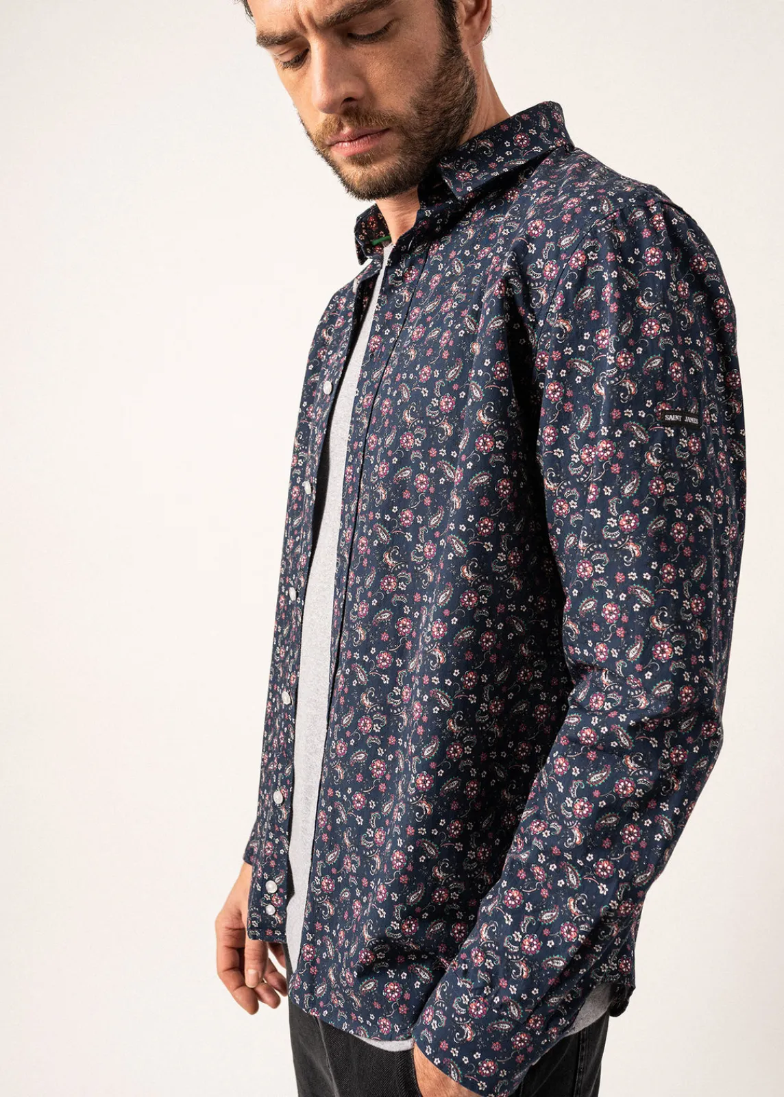 Saint James Shirts*Vinny Floral Patterned Shirt Amiral/prune